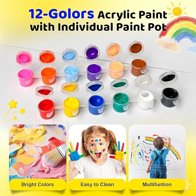 EzaroNexis Mini Acrylic Paint Set for Kids, 25 Pack 12 Colors Washable Kids Paint kit, Perfect for Home Birthday Classroom Party Favors,Painting Canvas,Paper,Wood,Rock & Fabric (350)