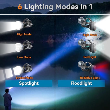 Super Bright LED Rechargeable Headlamp, 6 Adjustable Light Modes Waterproof Headlight, Constant Current Function, Lightweight, Perfect for Camping, Running, Hiking, Fishing, Outdoor Adventures