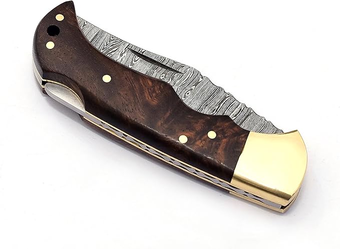 6.5" Handmade Damascus Steel Folding Hunting Knives For Men, Pocket Knife For Camping, Survival, Skinning And Outdoor Activities With Leather Sheath. (Rosewood)