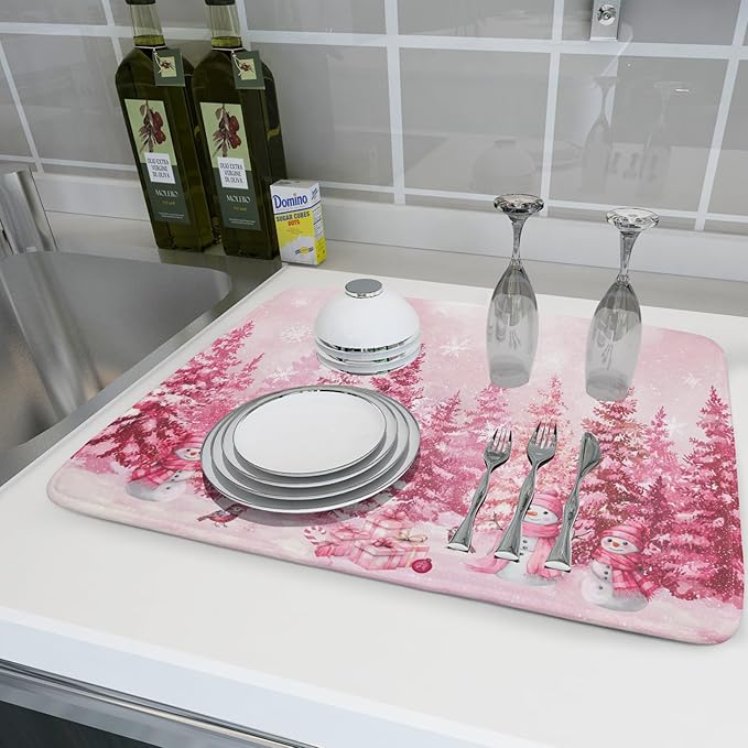 Pink Forest Dish Drying Mat Snowman Washable Drying Matt Kitchen Counter