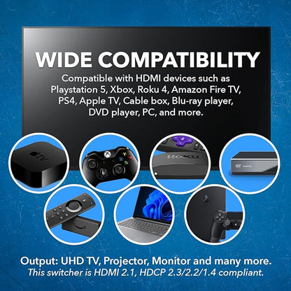 OREI 8K 4x1 HDMI 2.1 Switch 4K @ 120hz Switcher 4 in 1 Out, Support HDR