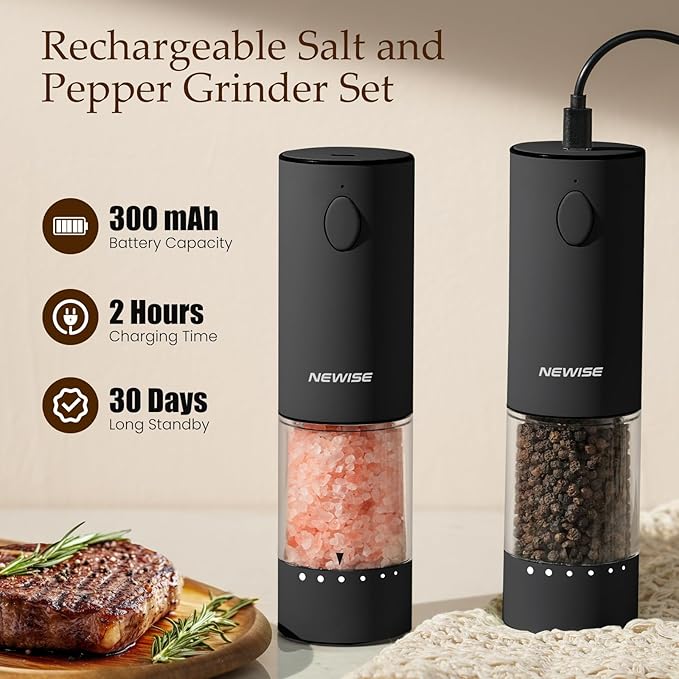 Newise Electric Salt & Pepper Grinder Set, Rechargeable