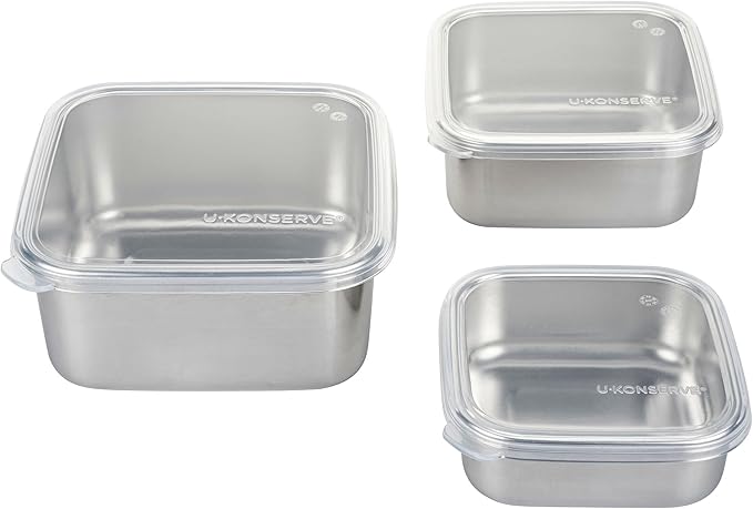 U Konserve Stainless Steel Nested Trio Food Storage Container Bento Box, Set of 3 (15, 30, & 50 oz), Leak Resistant, Silicone Lid, Dishwasher Safe, Plastic Free