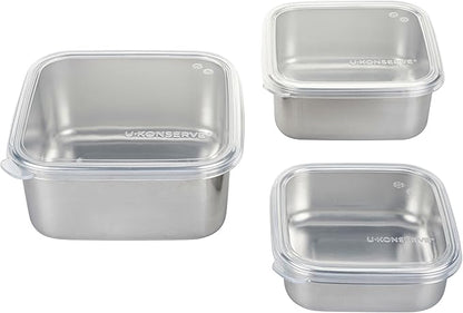 U Konserve Stainless Steel Nested Trio Food Storage Container Bento Box, Set of 3 (15, 30, & 50 oz), Leak Resistant, Silicone Lid, Dishwasher Safe, Plastic Free