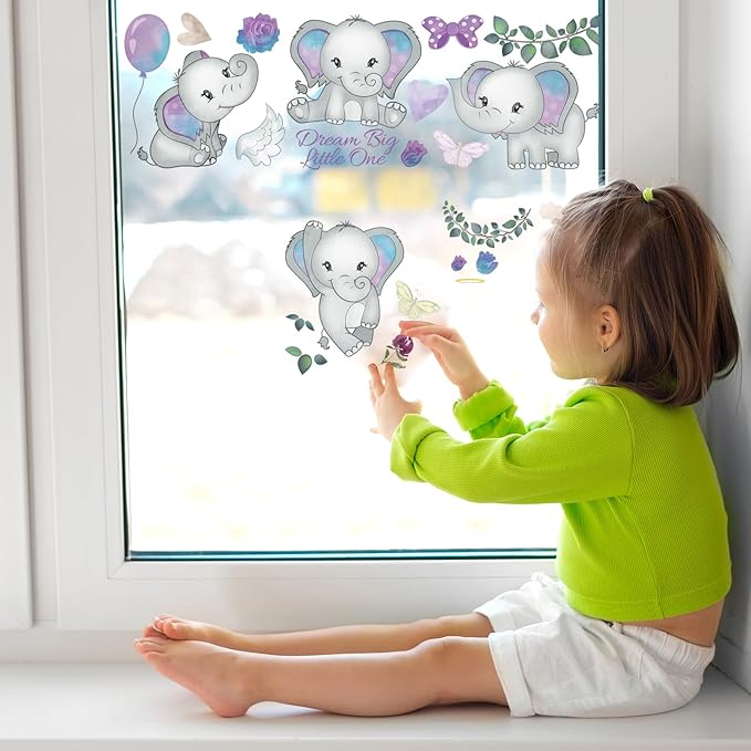 Wall Decals Stickers Dream Big Little One Elephant Wall Stickers Wall Murals Peel and Stick Removable Purple Rose Elephant Wall Decor for Baby Shower Room Nursery Boys Girls Bedroom Playroom Classroom