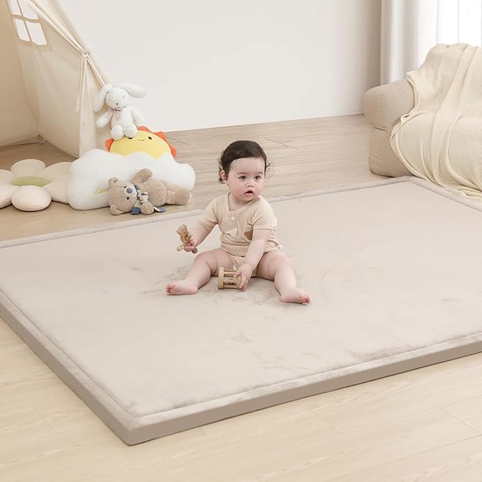 Baby Play Mat for Floor,1.3" Thick Memory foam Tummy Time Mat,Soft Coral Velvet Nursery Rug,Extra Large Non Slip for Crawling,Toddlers,Infants,kids,Tatami Style for Living Room(Beige)