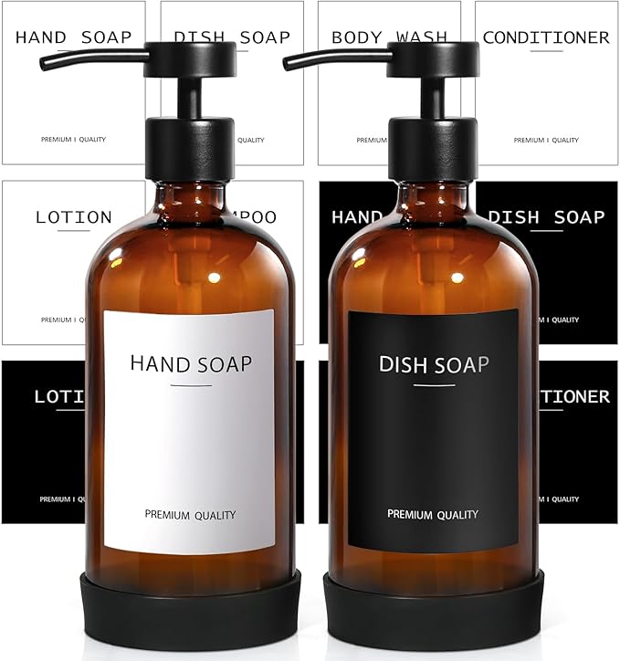 RYTOXILO Hand Soap Dispenser for Bathroom 2 Pack, Amber Glass Soap Dispenser