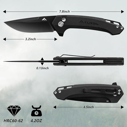 FLISSA Pocket Folding Knife, 3.2??D2 Blade G10 Handle EDC Knife with Button Lock and Pocket Clip for Hunting, Camping, Survival, Outdoor Activities(Black)