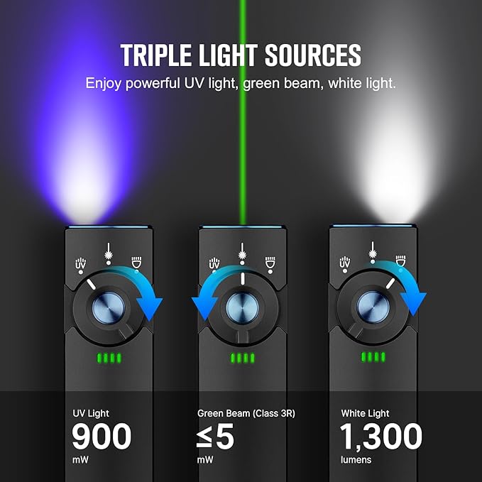 OLIGHT Arkfeld Pro Rechargeable EDC Flat Flashlight with Green Beam, UV and White LED Combo, 1300 Lumens Portable Pocket Lights, Triple Sources for Outdoors Emergency Working (Black CW)