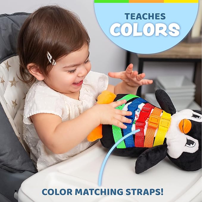 Buckle Toys Blizzard Penguin Plush Montessori Toys for Toddlers 1-3 Animal Sensory Toy to Develop Fine Motor Skills and Learn Shapes and Colors, Travel Essentials for Kids, Includes Storage Pocket