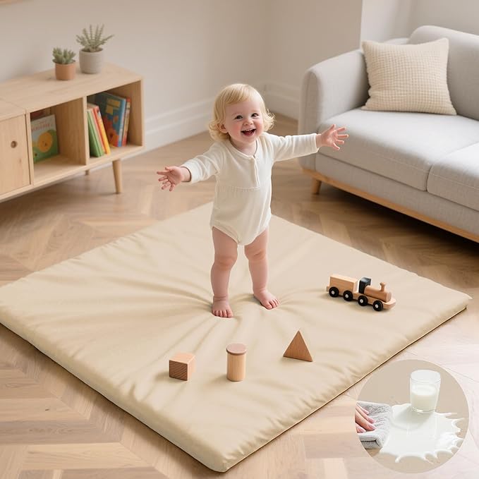 Baby Play Mat 50x50 Inches,1.3" Thick Padded Waterproof Floor Cushion & Playpen Mat with Vegan Leather,Non-Slip & Non-Toxic Nursery Rug for Infants, Toddlers & Kids(Beige)