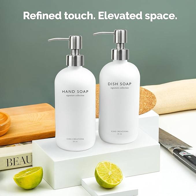 Vine Creations White Glass Soap Dispenser Set, Dish Soap and Hand Soap