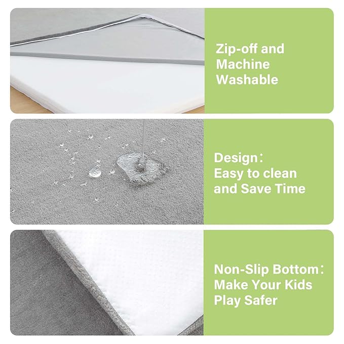 Baby Play Mat for Floor,1.3" Thick Soft Foam Playpen Mat with Removable Washable Cover,Waterproof & Anti-Slip 50" x 50" Nursery Rug for Tummy Time,Kids Crawling Mat for Toddlers Infant,Grey