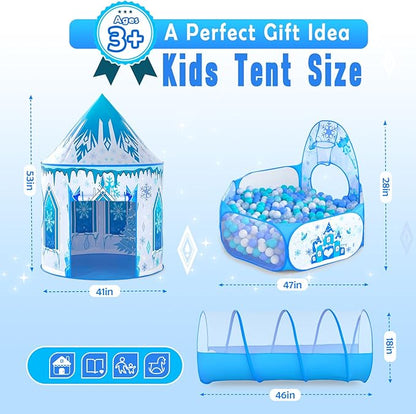 3 in 1 Girls Frozen Play Tent for Kids: Pop Up Baby Playhouse with Toddlers Crawl Tunnel, Ball Pit and Princess Castle Tent - Children Play Tent Frozen Toys Indoor and Outdoor Game for Birthday Gift