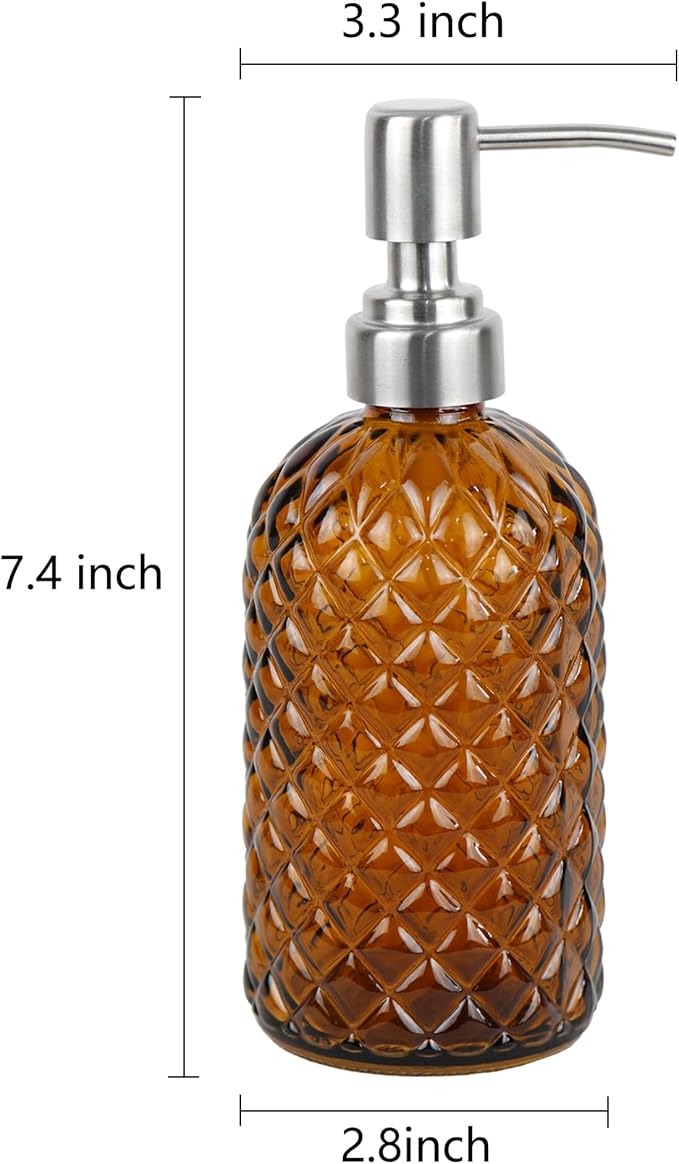 16 oz Diamond Pattern Glass Soap Dispenser, Kitchen and Bathroom Refillable