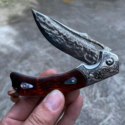 Handmade knife Japanese VG10 Damascus Steel Folding Knife,Rosewood Liner Lock Handle,EDC Pocket Knives for Men Outdoors Camping Fishing