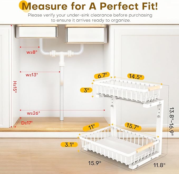 Under Sink Organizer, 2 Tier Pull Out Under-Sink Shelves, Adjustable Height