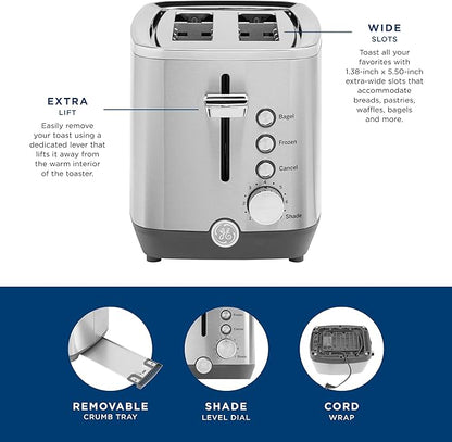 GE 2 Slice Stainless Steel Toaster, Extra Wide Slots