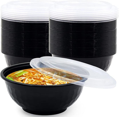 POPMISOLER 150 Pcs Stackable Meal Prep Bowl Containers, Food Takeout Bowls Reusable,Black Disposable Meal Prep Bowls With Lids. (48oz-Black)