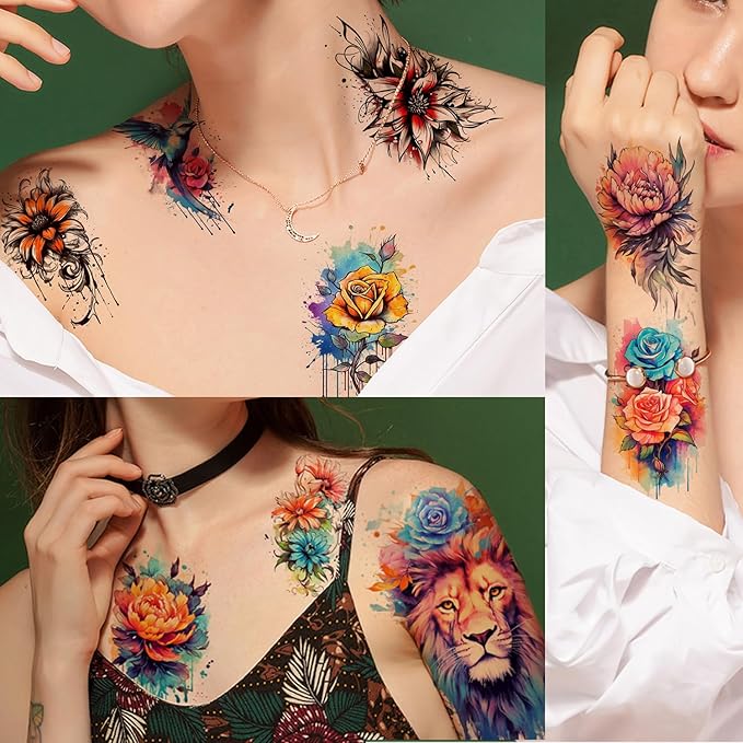 52 Realistic Temporary Tattoos for Women Adults - Long Lasting Waterproof Fake Flower Tattoo Stickers, 3D Roses Birds Wolf Floral Arm Neck Body Art for Gifts(Kids Safe)