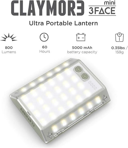 CLAYMORE 3Face Mini (Moss Green) - Lightweight and Portable LED Area Light for Outdoors, Camping, Tent, Emergency, and Industrial Use. Rechargeable Lantern with USB-C, Up to 60 Hours Battery Life.