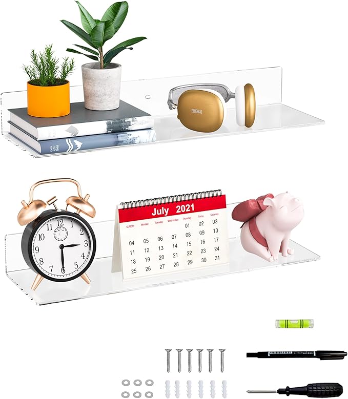 20 Inch Clear Wall Shelves for Wall, Wall Mounted Acrylic Floating Shelf for