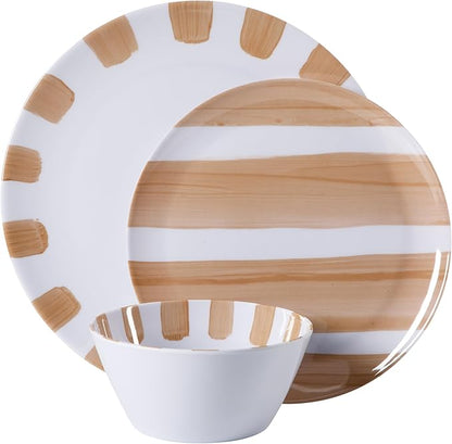Gibson Home Cottage Stripes 12 Piece Unbreakable Melamine Plates and Bowls Dinnerware Set - Outdoor, Camping, & Everyday Use - Assorted Colors