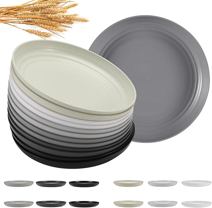 12 Pcs Unbreakable Deep Dessert Plates Set, 8 inch Reusable Plastic Wheat Straw Plates, Microwave and Dishwasher Safe Plate for Kitchen, Lightweight Plate for Dessert, BPA Free, 6 Colors