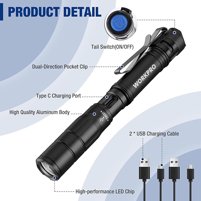WORKPRO Rechargeable Pen Light, Mini Flashlight, 2 Pack Ultra-Compact EDC Flashlight, Pocket Flashlight with Clip, Memory Function and 2 x USB C Cable Included, Black