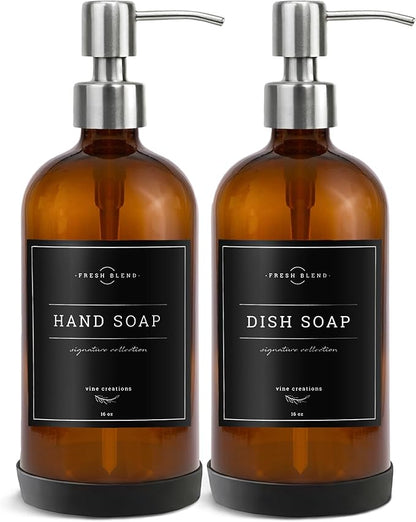 Vine Creations Amber Glass Soap Dispenser, 2 Pack Kitchen Soap Dispenser Set