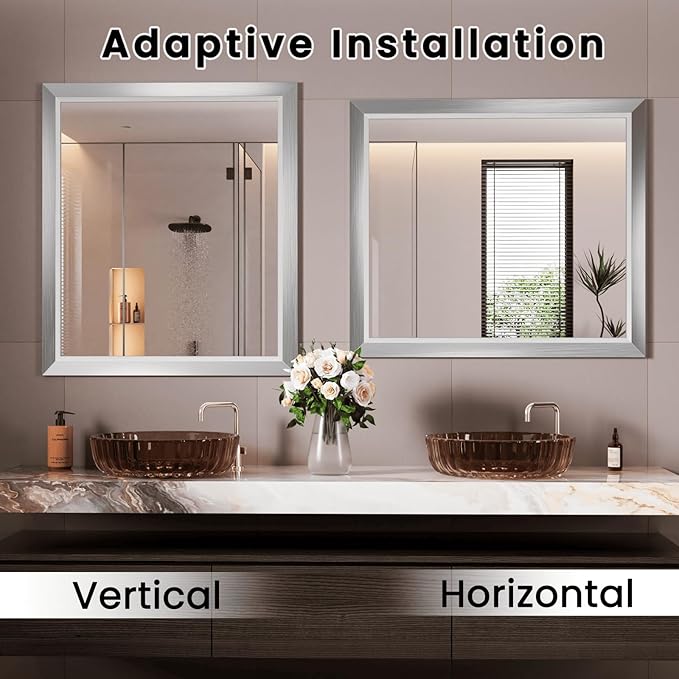 Amorho Bathroom Mirror, 44x36 Inch Silver Thick Metal Framed Wall Mirrors