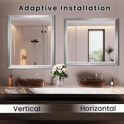 Amorho Bathroom Mirror, 44x36 Inch Silver Thick Metal Framed Wall Mirrors