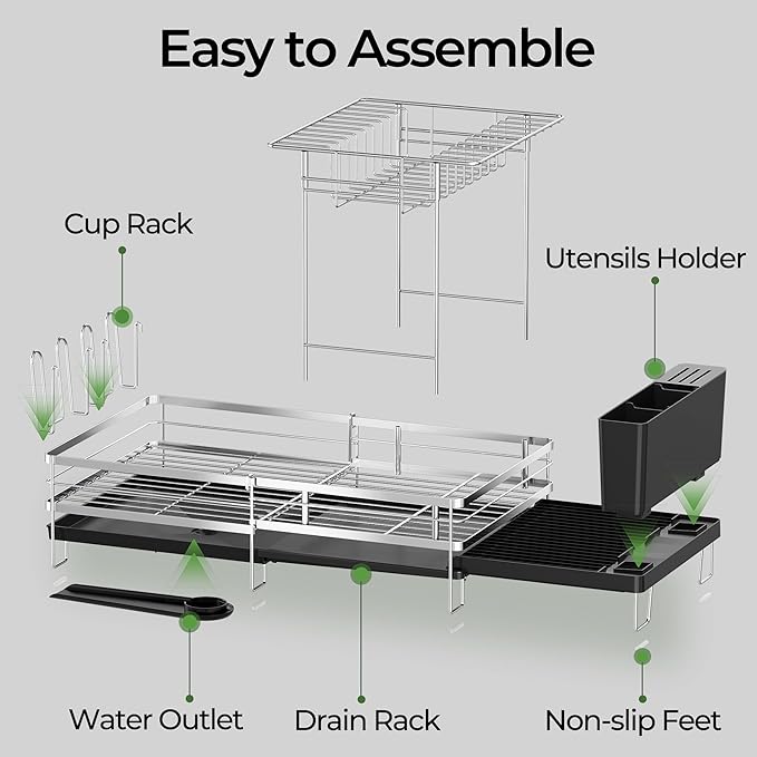 Large 2 Tier Dish Drying Rack, Extendable Dish Rack, Stainless Steel Anti-Rust