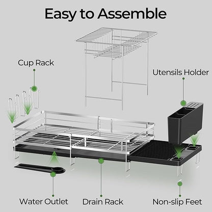 Large 2 Tier Dish Drying Rack, Extendable Dish Rack, Stainless Steel Anti-Rust