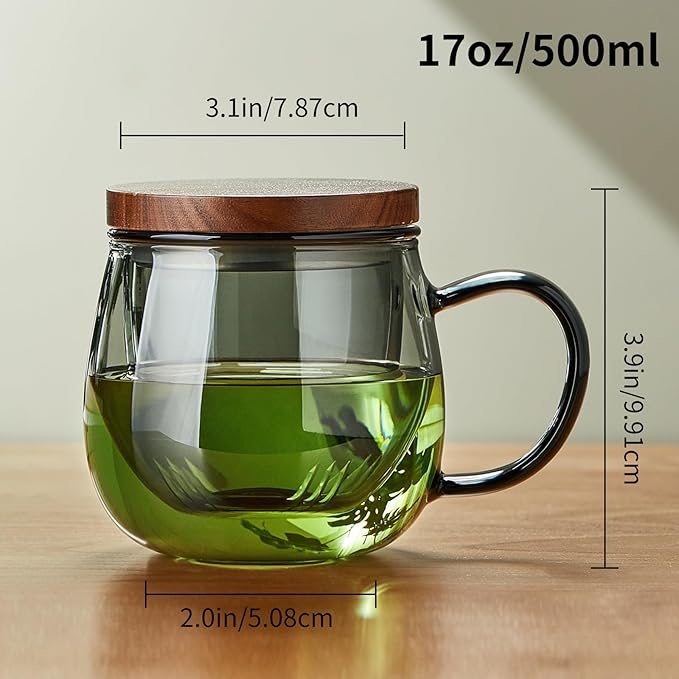 17 OZ Glass Tea Cup with Infuser and Lid, 500 ML Large Borosilicate Teacup