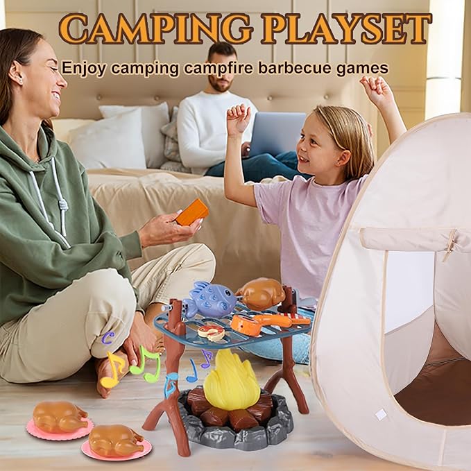 Kids Camping Playset with Pop Up Tent, Pretend BBQ Campfire Sets with Toy Food, Indoor Outdoor Educational Toys for Boys Girls Hiking Adventure Gifts Outdoor Playset Nature Exploration Toys