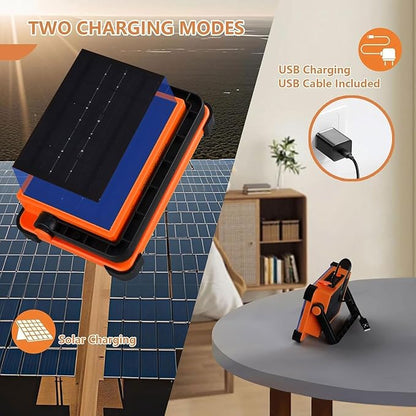 120W Solar Rechargeable Work Light, 144 LED 10000LM Portable Flood Light with Stand, IP66 Waterproof 4 Modes LED Job Site for Mechanic Camping Fishing Car Repair (Orange 1 Pack)
