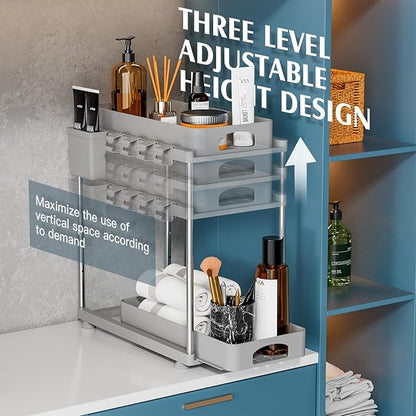 VERIFOST 2 Pack Adjustable Gray Under Sink Organizers, 2 Tier Pull Out Storage