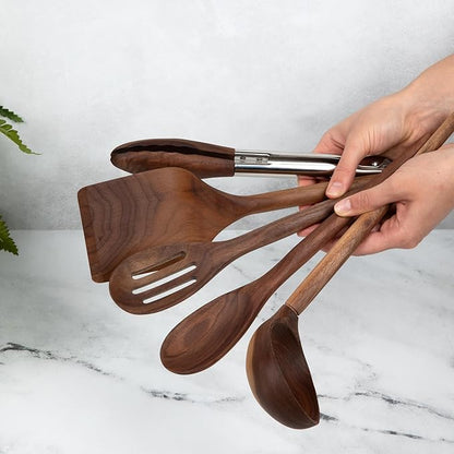 Salt & York 5-piece Walnut Wooden Kitchen Utensil Set - Includes Turner, Tongs, Slotted Spoon, Ladle, and 12" Spoon - Best Wooden Spoons for Cooking - Ideal for Nonstick Cookware