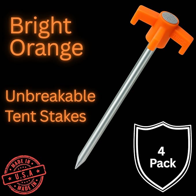 Tricc Unbreakable Heavy Duty Steel Tent/Canopy Stakes, Galvanized Non-Rust 10" Three Pegged Solid, Sturdy Stakes for Outdoor Trips, Camping, Hiking & Gardening. 4 Colors Made in The USA (Orange)