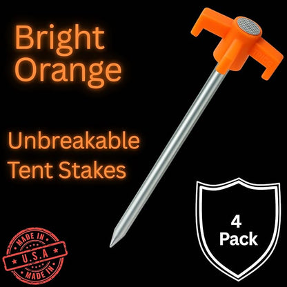 Tricc Unbreakable Heavy Duty Steel Tent/Canopy Stakes, Galvanized Non-Rust 10" Three Pegged Solid, Sturdy Stakes for Outdoor Trips, Camping, Hiking & Gardening. 4 Colors Made in The USA (Orange)