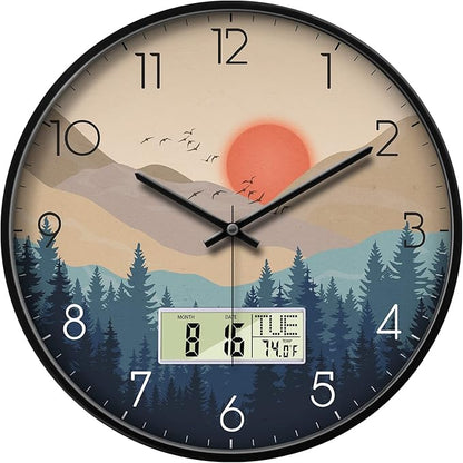 Silent Wall Clock with Day Week Temperature Wilderness with Sunset Non-ticking