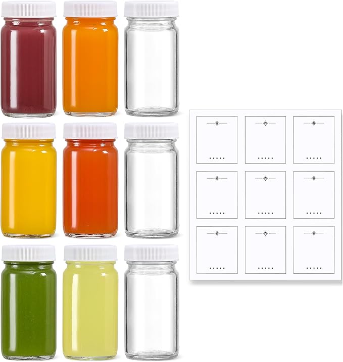 9 Pack 2 oz Glass Shot Bottles w/ White Lids & 9 Labels
