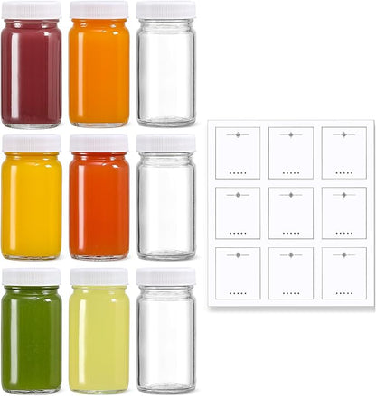 9 Pack 2 oz Glass Shot Bottles w/ White Lids & 9 Labels