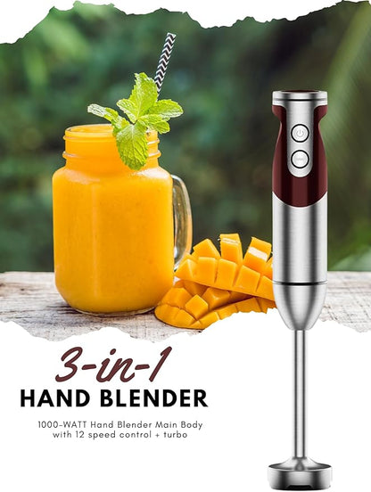 Megawise 3-in-1 Hand Blender – 12-Speed, Includes Powerful Blender Stick