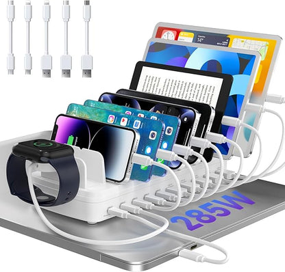 285W Charging Station for Multiple Devices, 10 Ports Fast Multi-Device Charger