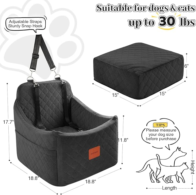 Small Dog Car Seat, Memory Foam Dog Booster Car Seats with Thick Cushion for Medium Dogs Under 35lbs, Detachable Washable Pet Seat with Storage Pockets,2 Safety Belts (Black, Medium)