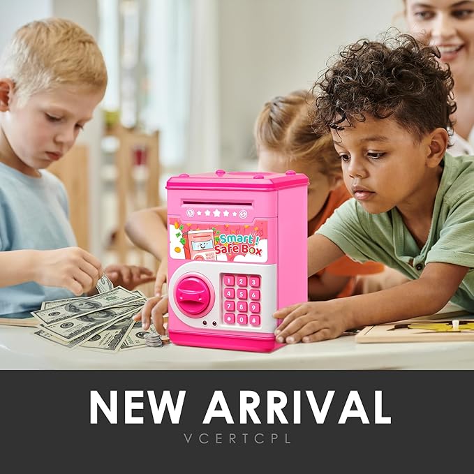 ATM Piggy Bank for Boys Girls, Vcertcpl Mini ATM Coin Bank Money Saving Box with Password Code, Kids Safe Money Jar for Real Money with Auto Grab Bill Slot, Great Gift Toy Bank for Kids (Pink)