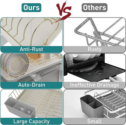 Buruis Dish Drying Rack for Kitchen Countertop, Large Capacity Gold Stainless