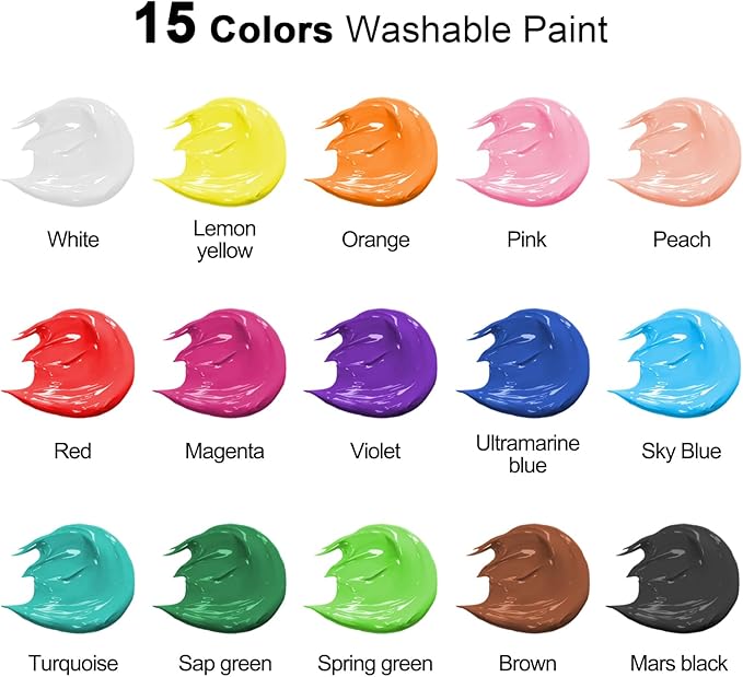 15 Colors Large Washable Paint Set (33.8oz/ 1000ml), Bulk Painting Supplies Non Toxic Tempera Paint for Kids Toddlers, Poster & Finger Paint for Art DIY Craft Classroom School Home-with Pump